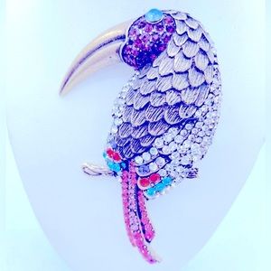 Large Crystal And Brass Toucan Bird StatementvPin/Brooch In Style Of Iris Apell